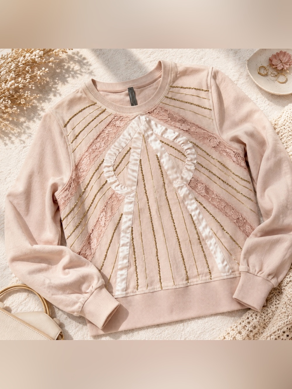Anthropologie Art Deco Beaded Lace Embellished Sweatshirt Pink Size Small NWOT